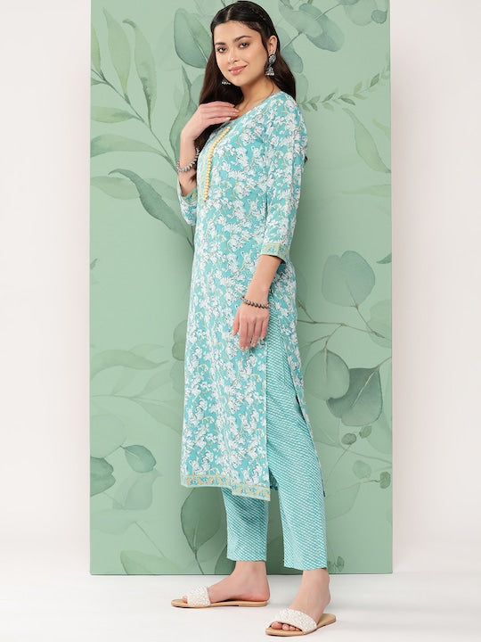 Yufta Women Blue Floral Printed Pure Cotton Kurta with Trousers & With Dupatta