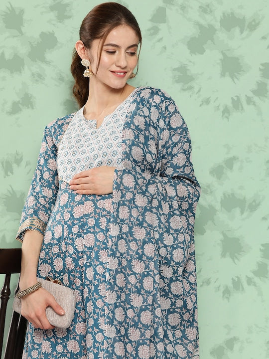 Yufta Ethnic Motifs Printed Gotta Patti Pure Cotton Kurta With Trousers & With Dupatta