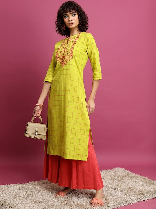 Vishudh Lime Green Checked Thread Work Detailed Cotton Straight Kurta