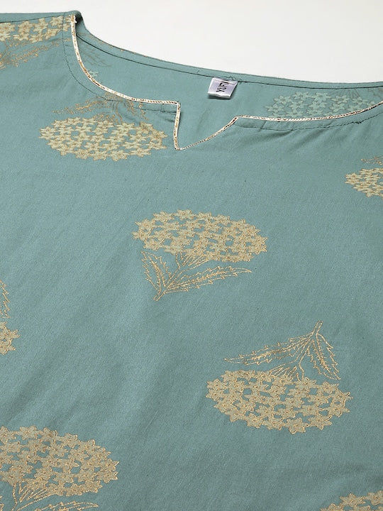 Yufta Women Blue Ethnic Motifs Printed Regular Pure Cotton Kurta with Trousers & With Dupatta