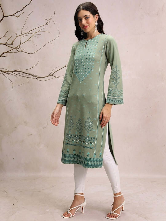 Vishudh Winter Floral Printed Keyhole Neck Kurta