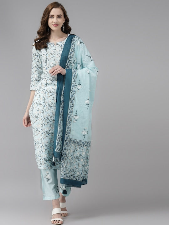 Yufta Women Blue & White Floral Printed Pure Cotton Kurta with Trousers & Dupatta