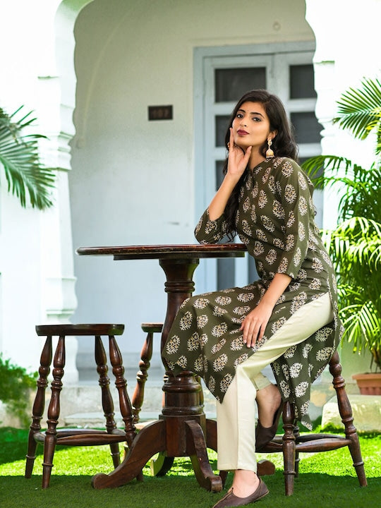 Yufta Women Green Ethnic Motifs Printed Pure Cotton Kurta with off White Solid Palazzos