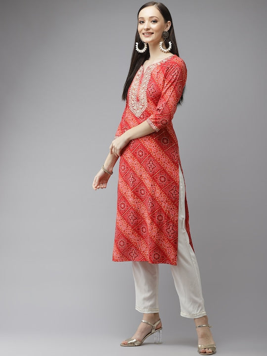 Yufta Women Red Bandhani Printed Regular Gotta Patti Kurta with Palazzos & With Dupatta