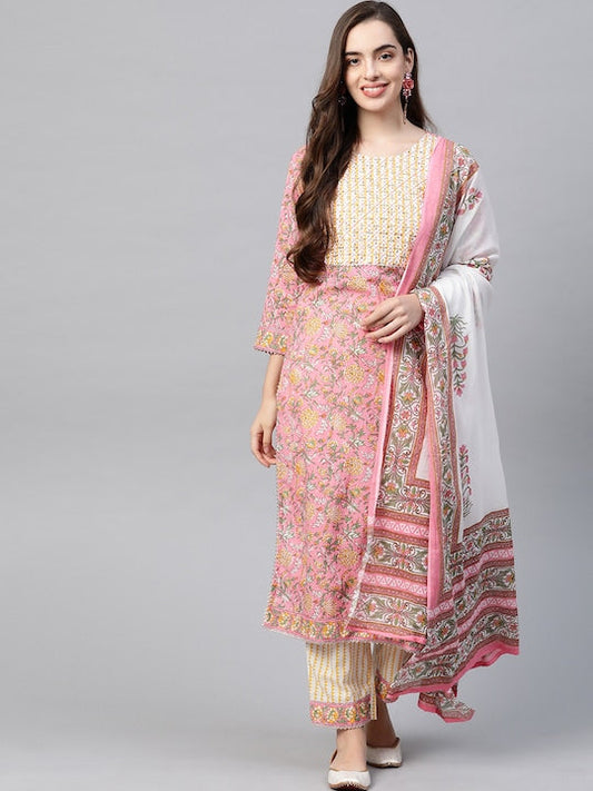 Yufta Women Pink & Yellow Handblock Printed Pure Cotton Kurta with Trousers & Dupatta