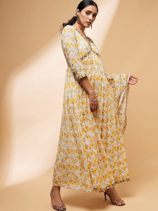 All about you Floral Printed V-Neck Kurta with Trousers & With Dupatta