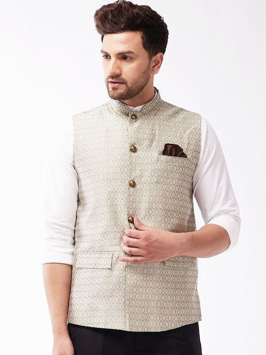Vastramay Men Beige & Grey Woven Design Nehru Jackets