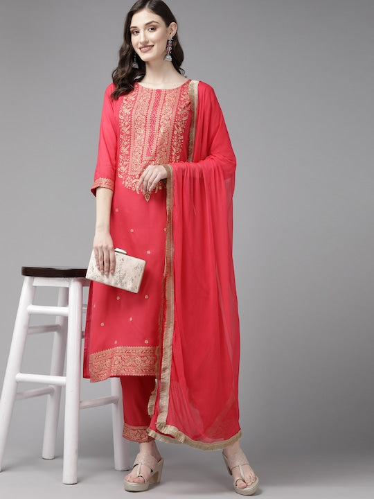 Yufta Pink Ethnic Motifs Printed Kurta with Trousers & With Dupatta