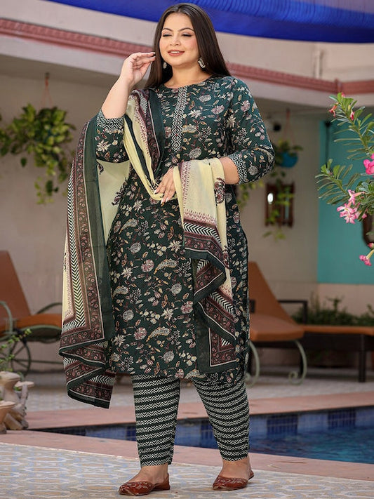 Yufta Plus Size Floral Printed Pure Cotton Straight Kurta & Trousers With Dupatta