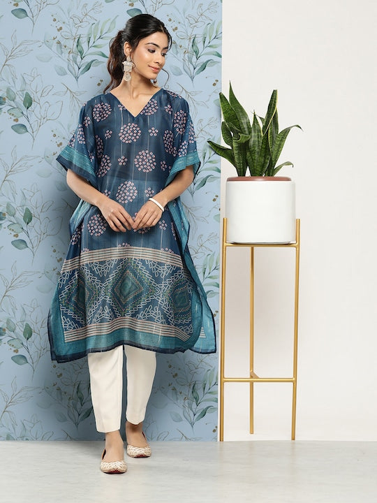 Yufta Women Bandhani Printed Flared Sleeves Indigo Kaftan Kurta
