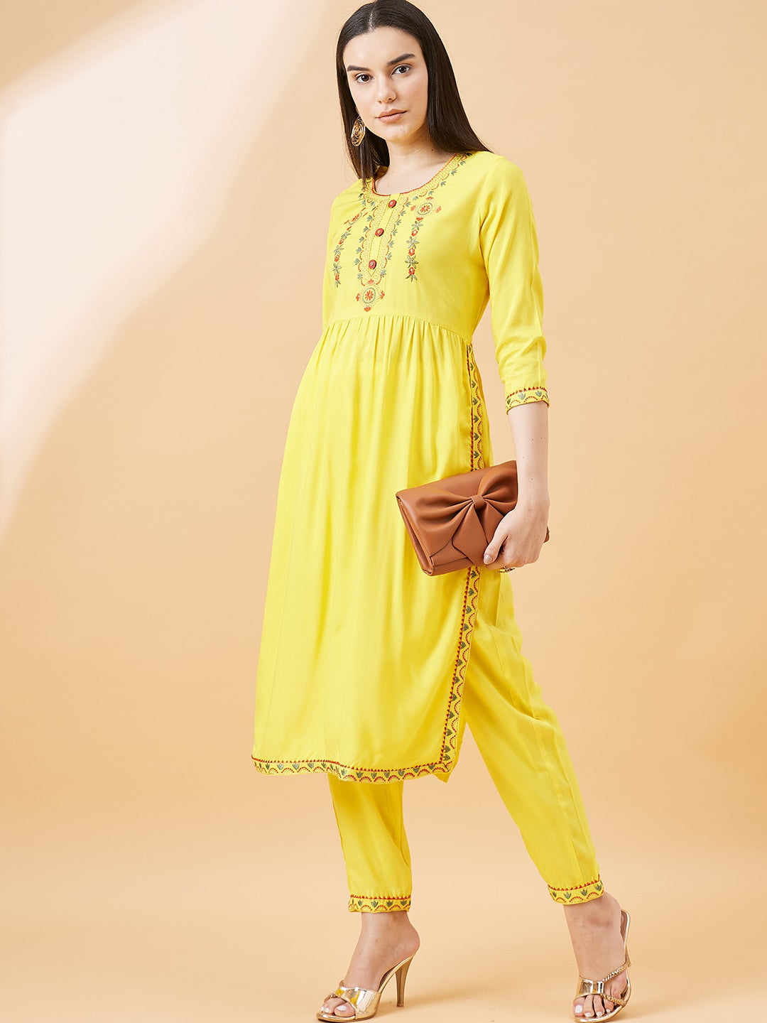 All about you Floral Embroidered Round Neck High Slit Kurta With Trouser