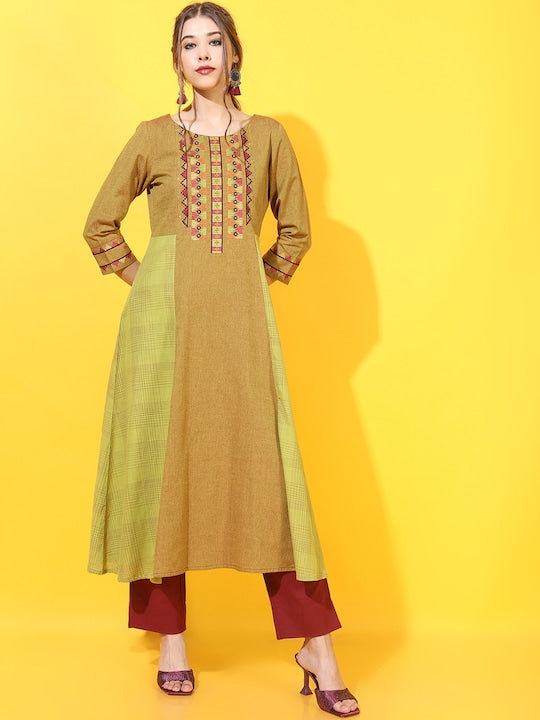 Vishudh Women Olive Green & Mustard Yellow Geometric Embroidered Kurta