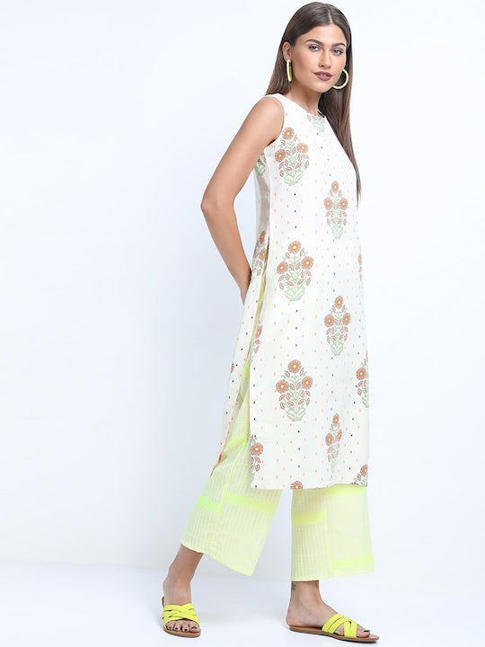 Vishudh Women Off White & Yellow Ethnic Motifs Printed Pure Cotton Kurta with Trousers