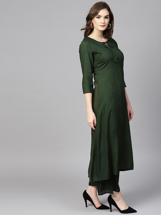 Yufta Women Green Solid Kurta with Palazzos & Dupatta Green