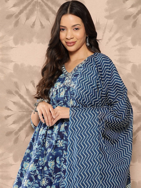 Yufta Women Floral Printed Regular Pure Cotton Kurta with Trousers & With Dupatta