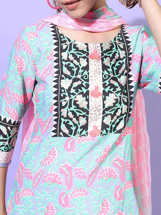 Vishudh Women Blue Floral Printed Kurta with Palazzos & With Dupatta