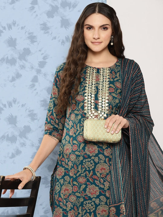 Yufta Women Ethnic Motifs Printed Mirror Work Pure Cotton Kurta with Trousers & Dupatta