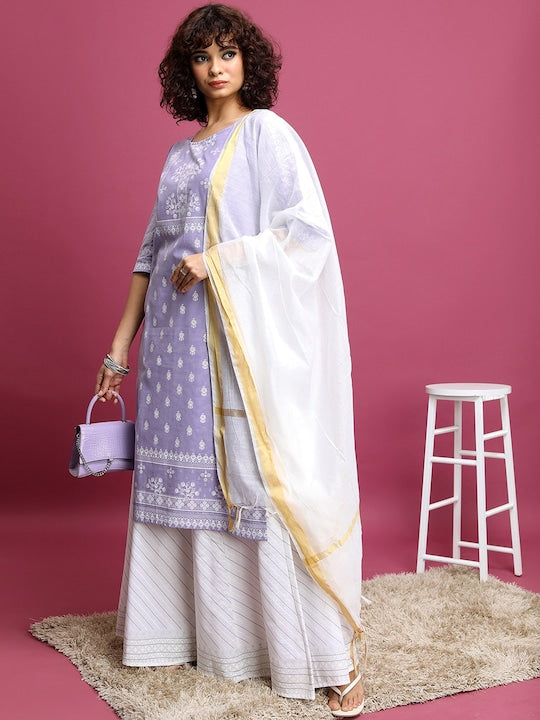 Vishudh Mauve Ethnic Motifs Printed Round Neck Pure Cotton Kurta With Skirt & Dupatta