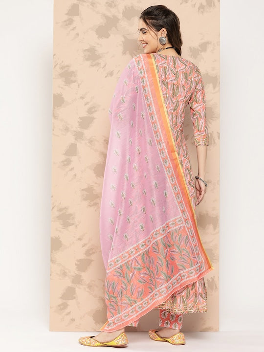 Yufta Ethnic Motifs Printed Regular Pure Cotton Kurta With Palazzos & Dupatta