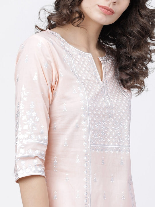 Vishudh Women Beige & Silver-Toned Ethnic Motifs Printed Straight Kurta