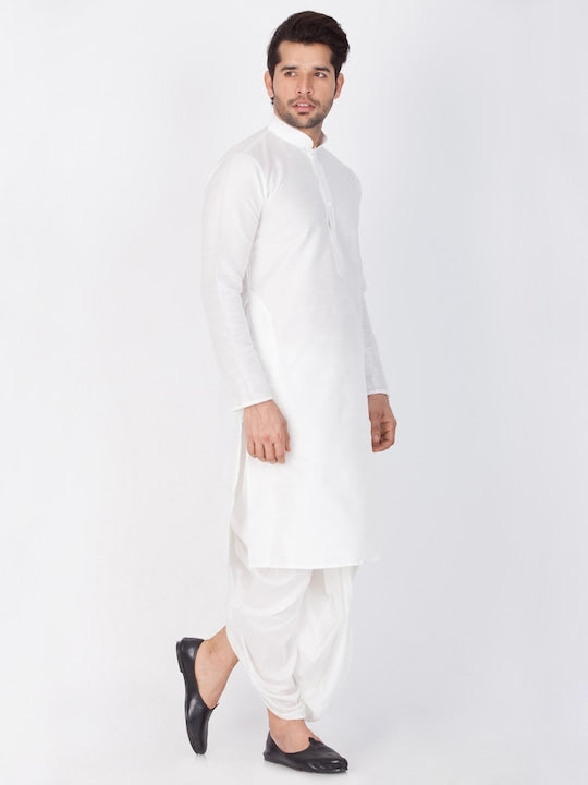 Vastramay Men White Solid Kurta with Dhoti Pants