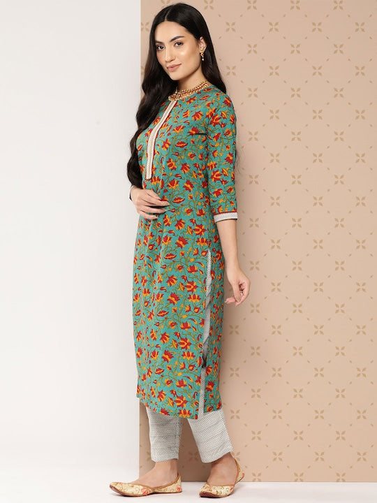 Yufta Floral Printed Regular Pure Cotton Kurta with Palazzos & With Dupatta