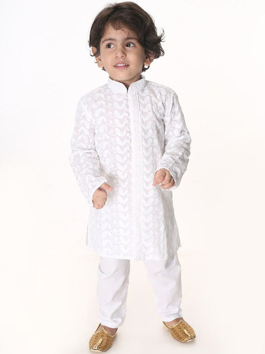 Vastramay Sishu Boys White Embroidered Pure Cotton Kurta with Solid Pyjamas