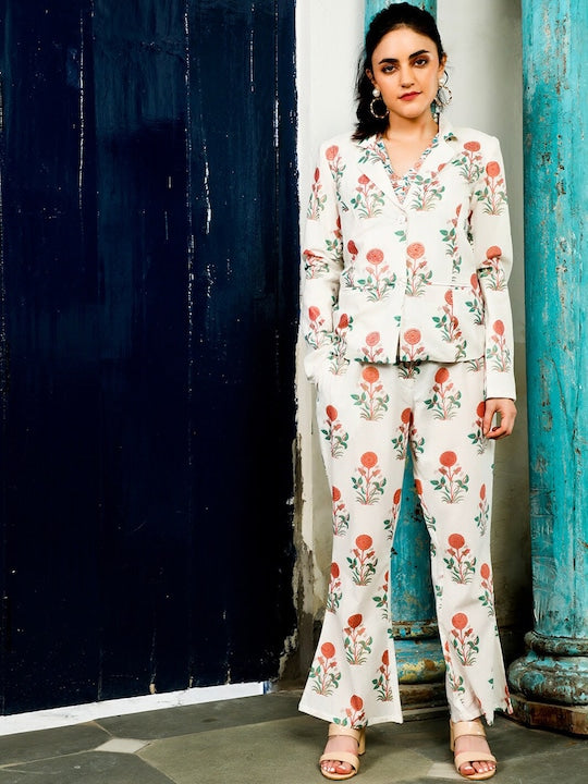 AKS Couture Floral Printed Pure Cotton Blazer With Trousers & Waistcoat