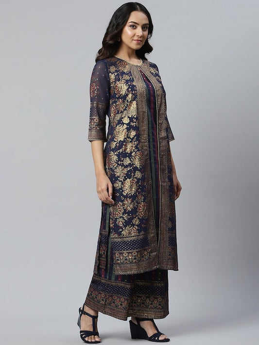 Aurelia Women Blue Printed Pleated Kurta with Palazzos