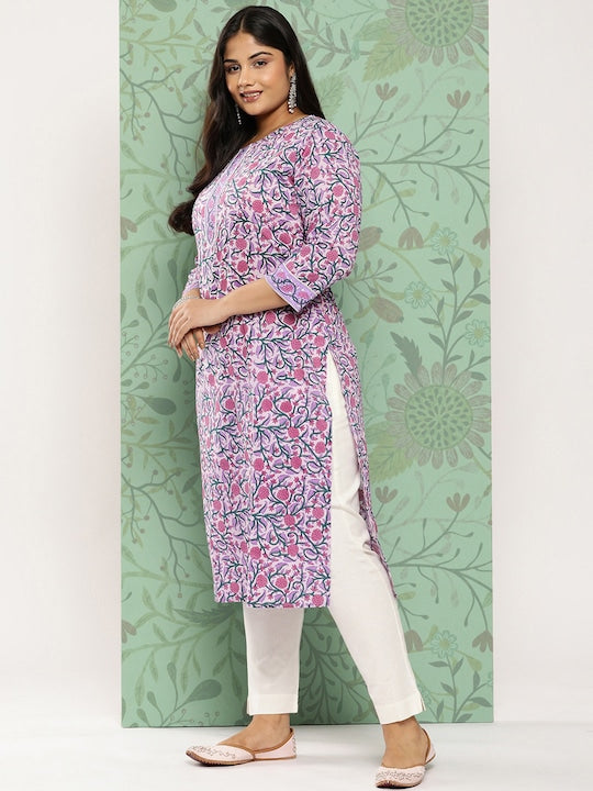 Yufta Plus Size Floral Printed Pure Cotton Kurta