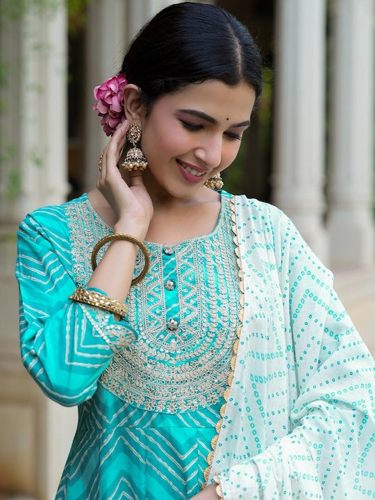 Yufta Chevron Printed Sequinned Anarkali Kurta with Trousers & With Dupatta