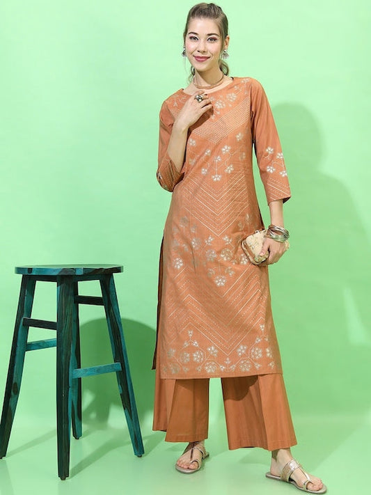 Vishudh Women Rust Floral Printed Kurta with Palazzos