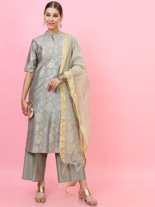 Vishudh Women Grey Ethnic Motifs Panelled Kurta with Skirt & With Dupatta
