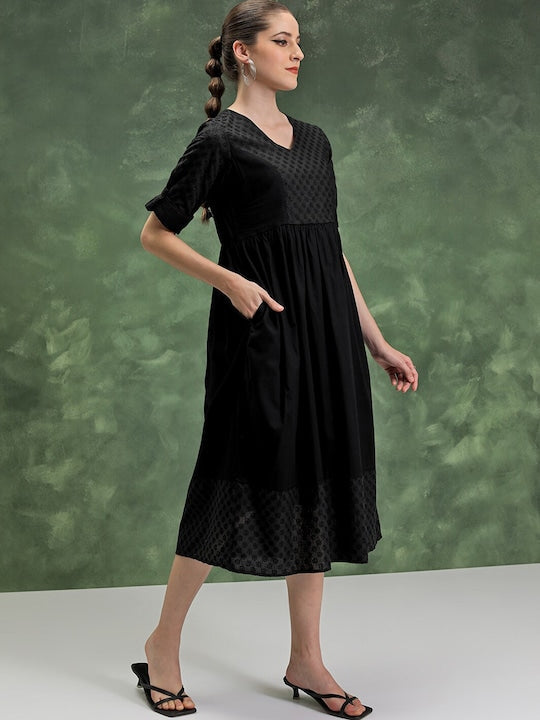 Vishudh Floral Embroidered V-Neck A-Line Midi Dress