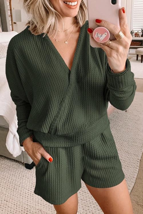 Waffle Texture V Neck Long Sleeve Hoodie & Shorts Two-Piece Loungewear - zoter Shop