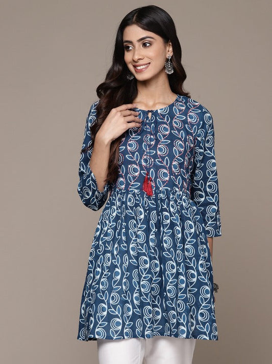 Anubhutee Ethnic Motifs Printed Tie Up Neck Pure Cotton Sequinned Pleated Kurti