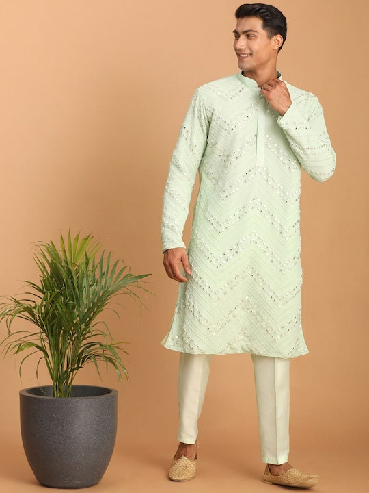 Vastramay Chevron Embroidered Mirror Work Kurta with Pyjamas