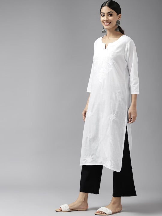 Yufta Floral Embroidered Notched Neck Chikankari Pure Cotton Kurta