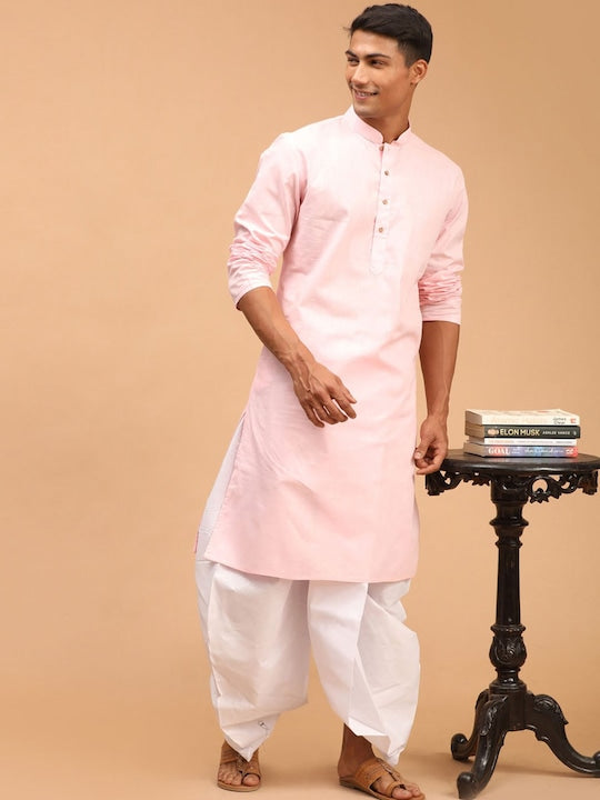 Vastramay Men Pink Pleated Kurti with Dhoti Pants