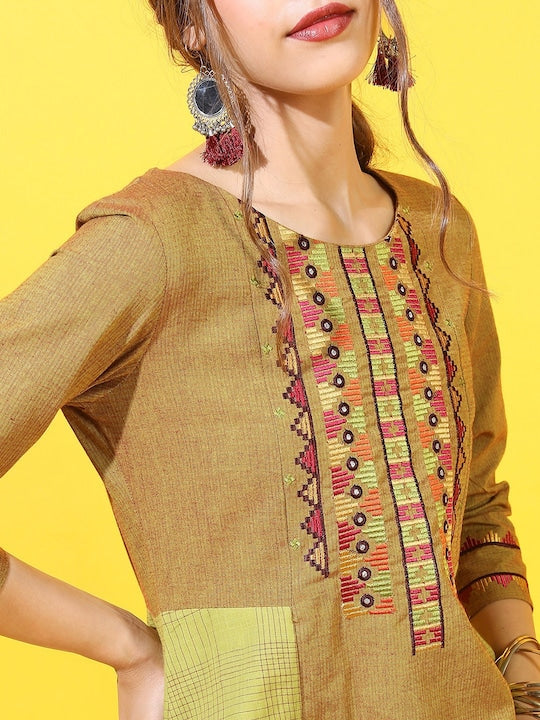 Vishudh Women Olive Green & Mustard Yellow Geometric Embroidered Kurta