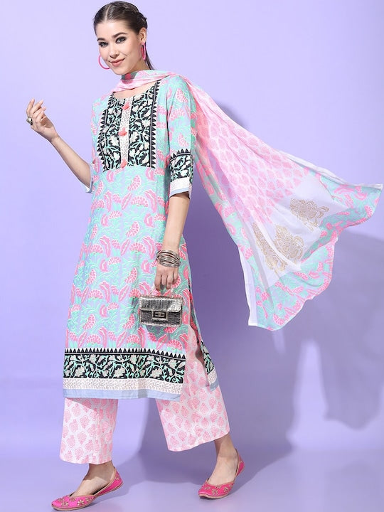 Vishudh Women Blue Floral Printed Kurta with Palazzos & With Dupatta