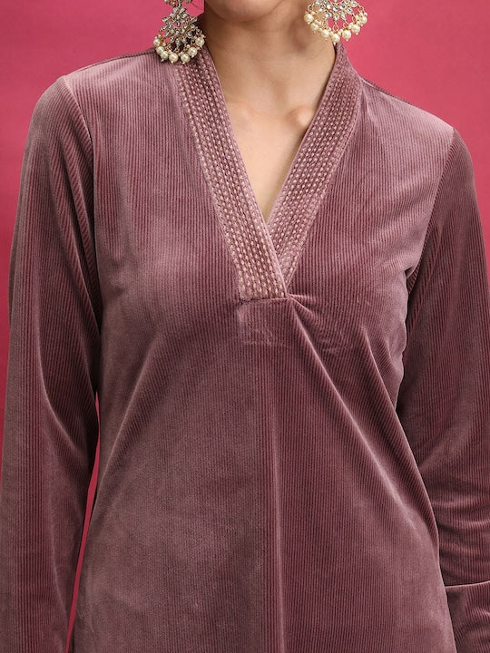 Vishudh Maroon Embroidered Neck Band Straight Kurta