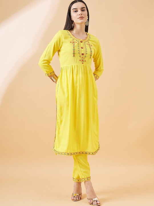 All about you Floral Embroidered Round Neck High Slit Kurta With Trouser