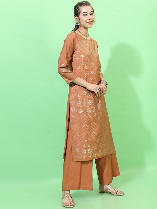 Vishudh Women Rust Floral Printed Kurta with Palazzos