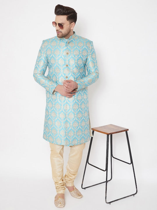 Vastramay Men Sea Green & Gold-Coloured Slim Fit Brocade Woven Design Sherwani Set