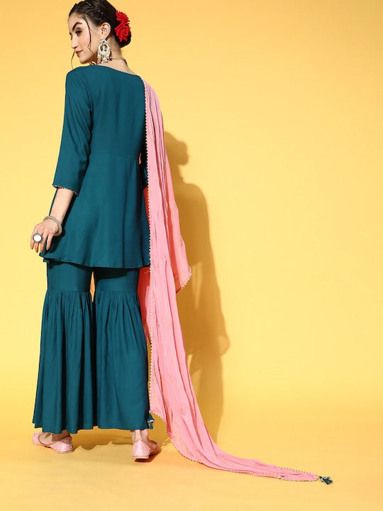 Yufta Women Teal Yoke Design Empire Gotta Patti Kurti with Sharara & With Dupatta