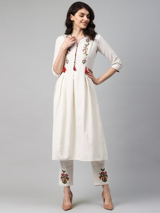 Yufta Women Off-White Yoke Design Kurta with Trousers