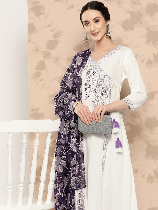 Yufta Women Purple Embroidered Angrakha Thread Work Kurta with Salwar & With Dupatta