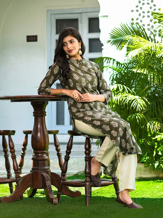 Yufta Women Green Ethnic Motifs Printed Pure Cotton Kurta with off White Solid Palazzos