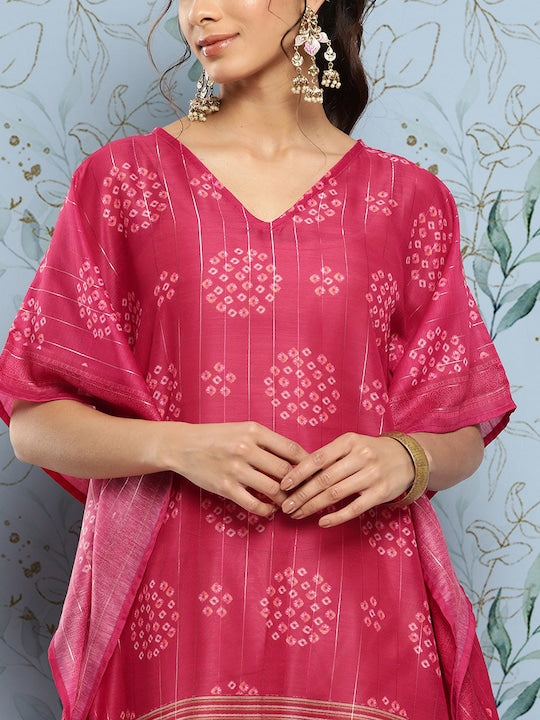 Yufta Women Bandhani Printed Flared Sleeves Kaftan Kurta